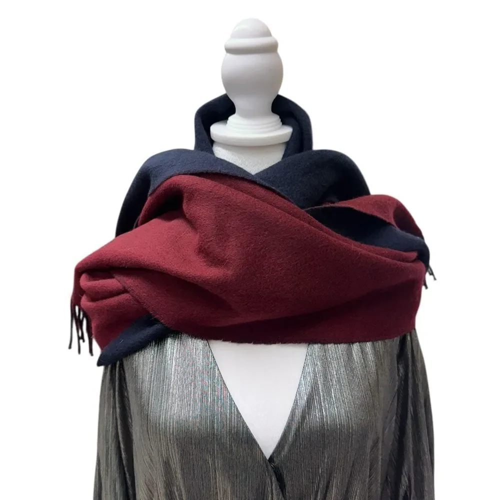 Hermes Bordeaux & Navy Blue 100% Cashmere Kasak Fringed Shawl Wrap Scarf Auth